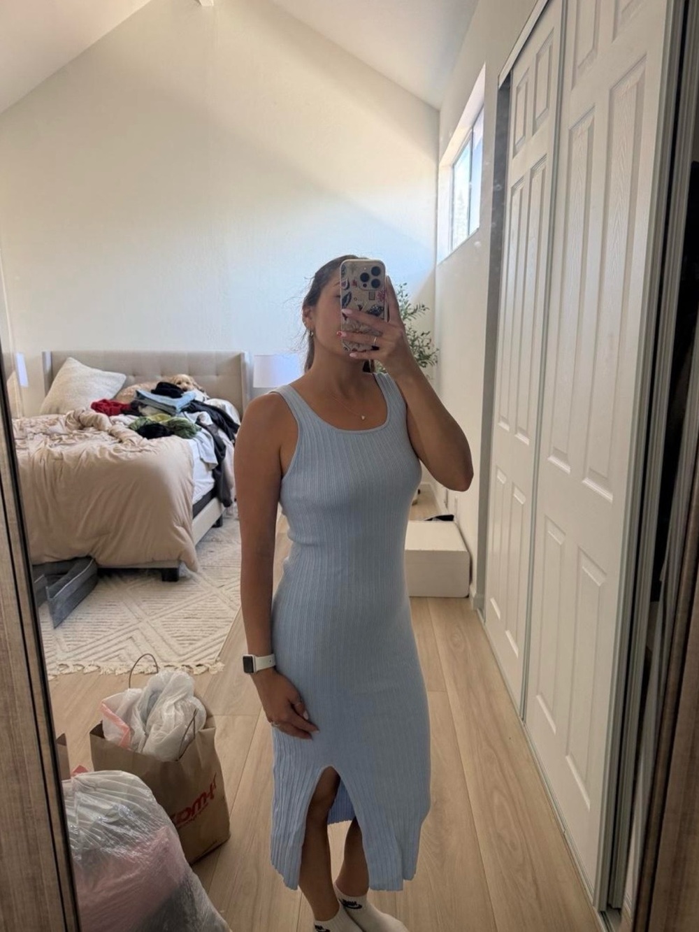 Sleeveless Ribbed Midi Dress in Light Blue